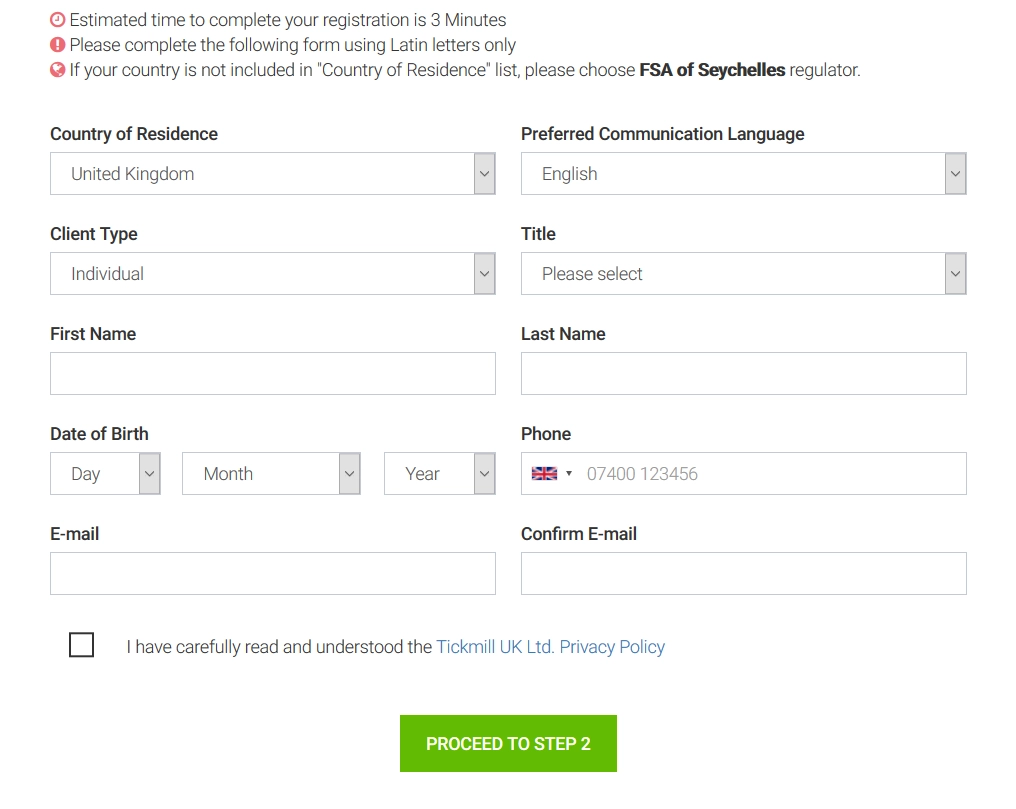 Formulário de Registro de Conta da Tickmill Formulário de Registro de Conta da Tickmill