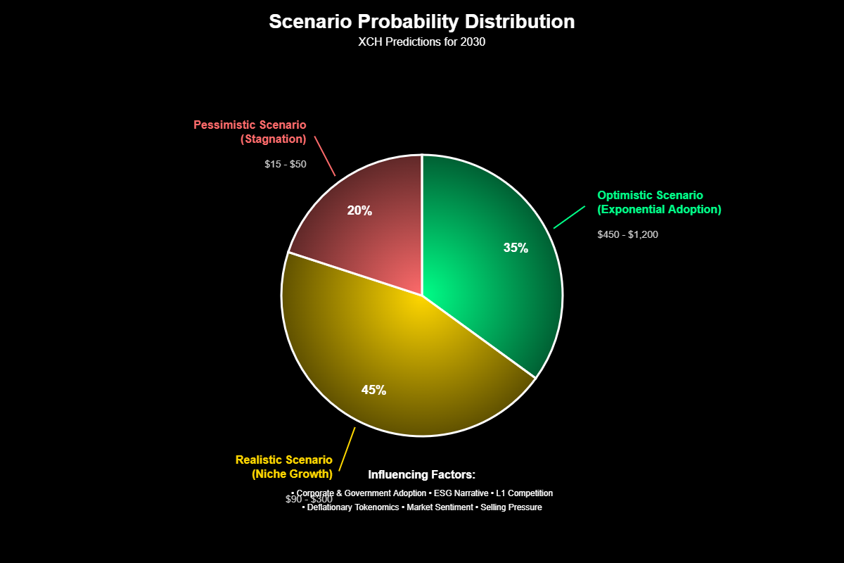 Previsão de Preços Chia (XCH) Para 2030 3 Neste cenário, os ventos contrários prevalecem. A adoção empresarial e governamental não decola como esperado; os projetos piloto não se convertem em implementações em larga escala. A concorrência de outras L1s, mais ágeis e com ecossistemas mais vibrantes, sufoca o crescimento da Chia
